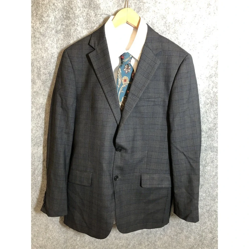 Hickey Freeman Blazer 40L Gray Glen Plaid Wool Suit Coat Jacket Career Casual